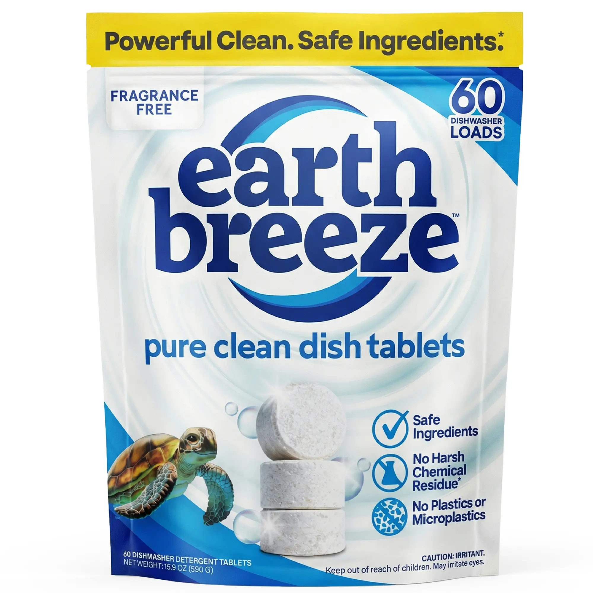 Earth Breeze Dishwasher Detergent Tablets - 60 Count: 100% Plastic-Free Tablets, Free & Clear with No Harsh Chemicals, 3-in-1 Triple Enzyme Formula, Eco-Friendly Dish Washing Pods, HE Safe