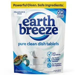 Earth Breeze Dishwasher Detergent Tablets - 60 Count: 100% Plastic-Free Tablets, Free & Clear with No Harsh Chemicals, 3-in-1 Triple Enzyme Formula, Eco-Friendly Dish Washing Pods, HE Safe