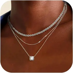 Layered Necklaces for Women - 14K Gold Plated Necklace, Dainty 3Pcs Layered Stacked Necklace, Circle Chain Necklaces, Non Tarnish Waterproof Jewelry, Birthday Jewelry Gifts