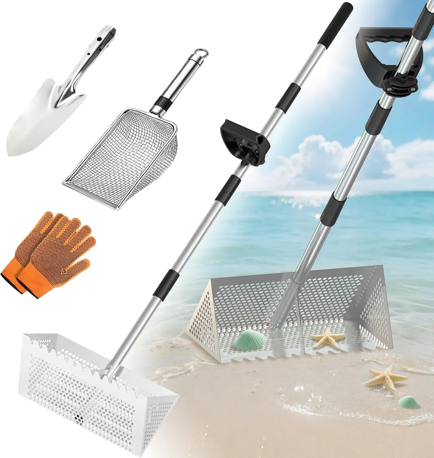 Sand Flea Rake, Sand Sifter for The Beach,Stainless Steel Shark Tooth Sifter with Detachable Wide Drainage Mesh and Ergonomic Long Handle for Finding Fleas,Shells and Shark's Teeth (15.7″)