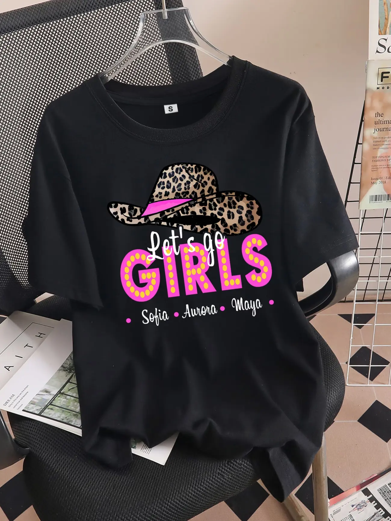 Denim Customized T-Shirt Text Customize Personalized Name/Text, Let'S Go Cowboy Leopard Shirt, Cowboy Shirt, Pink Leopard Cowboy Shirt, Trip Shirt, Western Cowboy Tee, Personalized T-Shirts, Universal Gifts for All Seasons