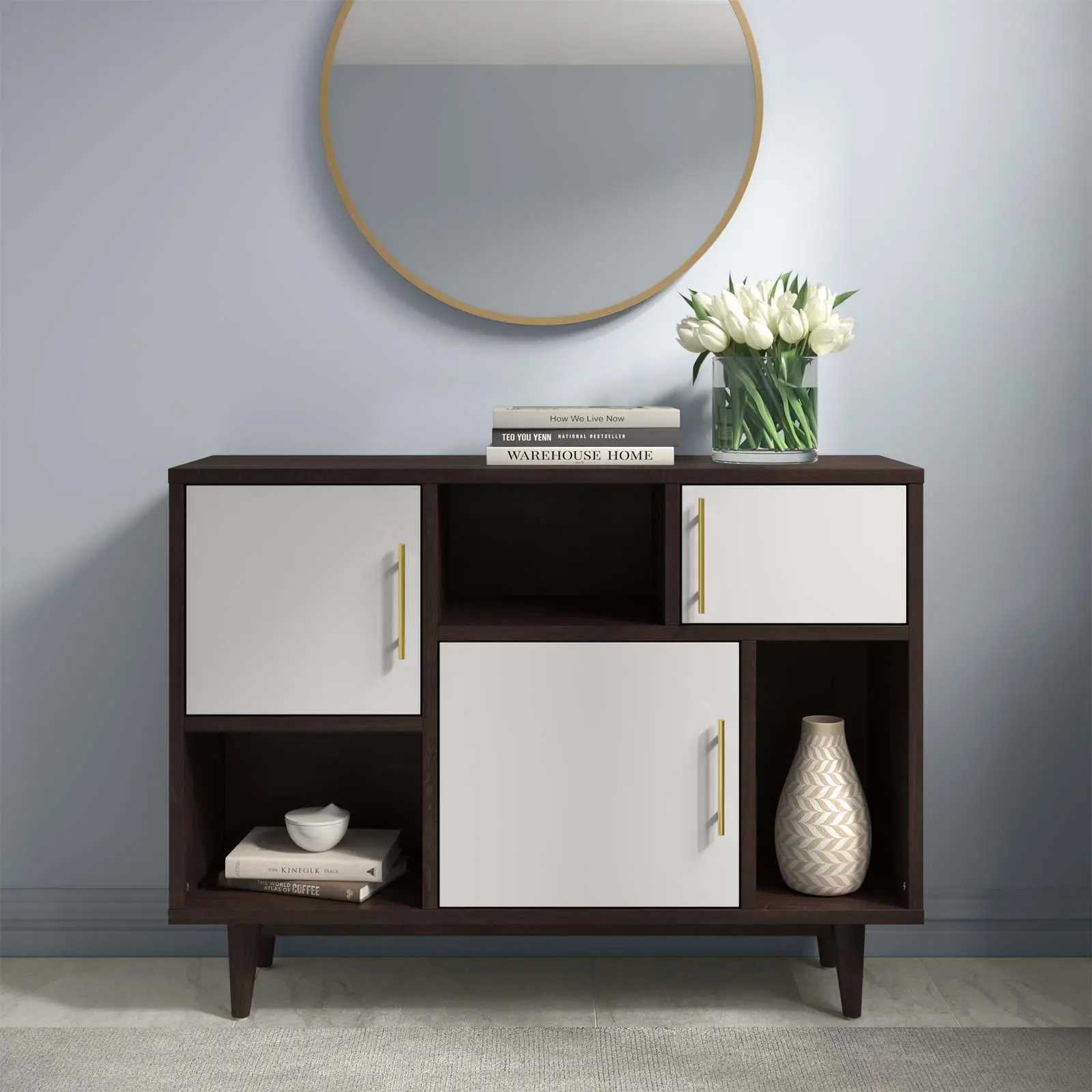 Modway Daxton Freestanding Mid-Century Modern Display Stand Cabinet - Living Room Furniture, Solid Doors, Gold Metal Hardware, Cappuccino White, Functional Storage Shelving Unit, Encourages Mid-Century Modern Design