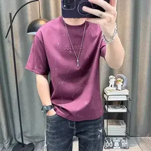 American Style Splash-Ink Embroidered Short-Sleeved T-shirt Men's Summer New Trendy Casual round Neck Half-Sleeved Top Streetwear Crewneck  graphic tees