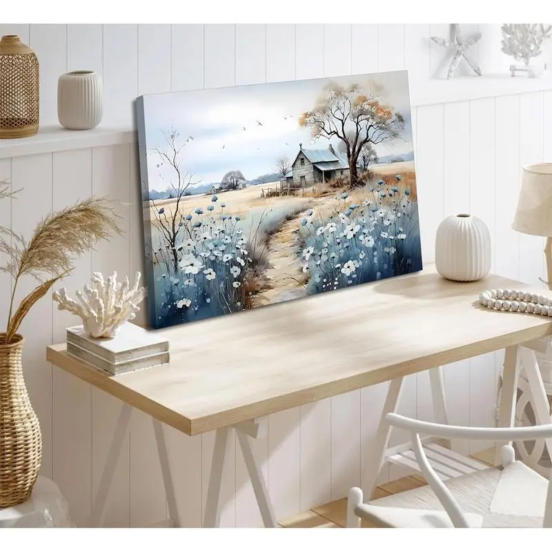 Wooden Frame Nature Wildflower Field Canvas Painting - Artistic Wall Art with Serene Vibe, Modern Poster Print for Indoors Decoration, Home Decor for Living Room, Bedroom