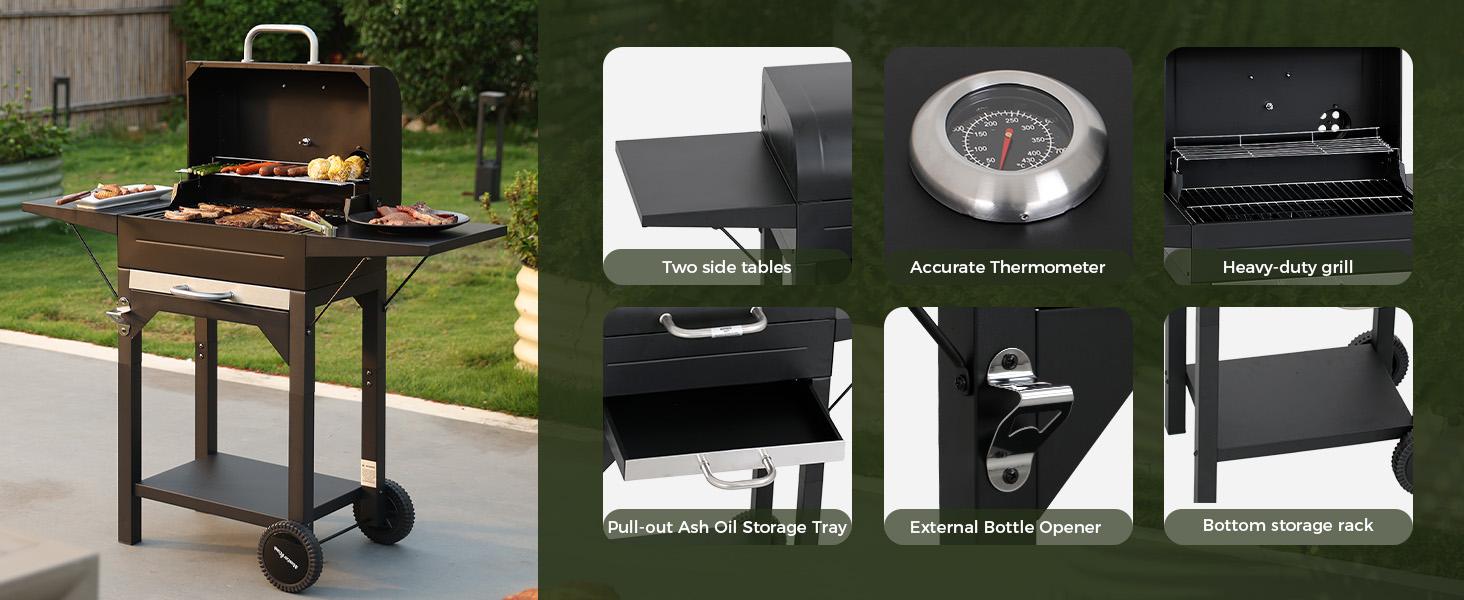 MASTER COOK Charcoal Grill with Two Side Tables 332 SQIN Cooking Area Outdoor Smoker Barbecue BBQ Grill for Camping Patio Backyard Party Picnic Black MASTER COOK Charcoal Grill with Two Side Tables 332 SQIN Cooking Area Outdoor Smoker Barbecue BBQ Grill for Camping Patio Backyard Party Picnic Black