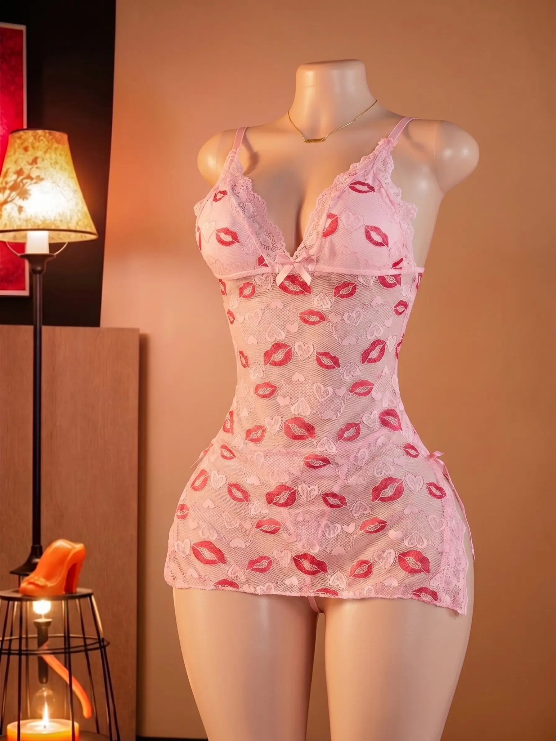 Women's Sexy Viscose Floral Lace Babydoll Lingerie - Lightweight Mesh Halter Nightdress with Thongs Pink Lip Print Sheer Lingerie Dress for Women, Bow Decor V‑Neck Mesh Chemise Nightgown, Semi‑See‑Through Sexy Sleepwear