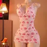 Women's Cute Girly Feminine Knitted Hazy Lace Babydoll Lingerie - Nylon Spandex Viscose Thin Soft Breathable Fabric, V-Neck Halter, Subtle Mesh, Pink Lip Print, Bow/Heart Decor, Lightweight Semi-See-Through Night Gown for Anniversary, Thong