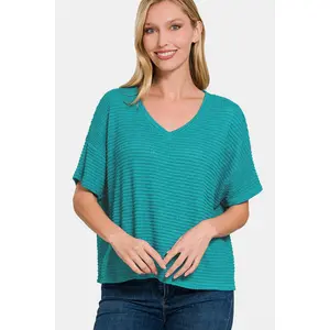 Zenana Drop Shoulder Short Sleeve Jacquard Knit Top