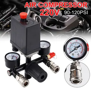 1Pcs 4 Port Air Compressor 220v All Black Bracket With Switch Manifold Pressure Regulator Aluminum Alloy Safety Pressure Valve