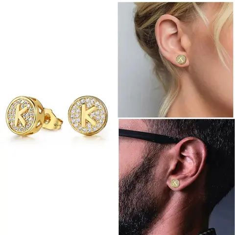 Hermah A-Z Initial Letter Stud Earrings - Gold Plated Copper, 11mm Diameter, Unisex, 1 Pair, Comfortable Wear, Durable Design