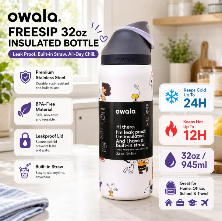 Owala FreeSip 32oz Cute Leakproof Water Bottle, BPA-Free Insulated Stainless Steel Bottle with Straw, Travel School Gym Drink Cup