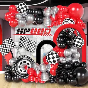 Race Car Theme Balloon Arch Kit, Balloon Party Supplies, Silver Color Balloons, Checkered Foil Balloons, Tire Design, Perfect for Boy's Birthday Parties