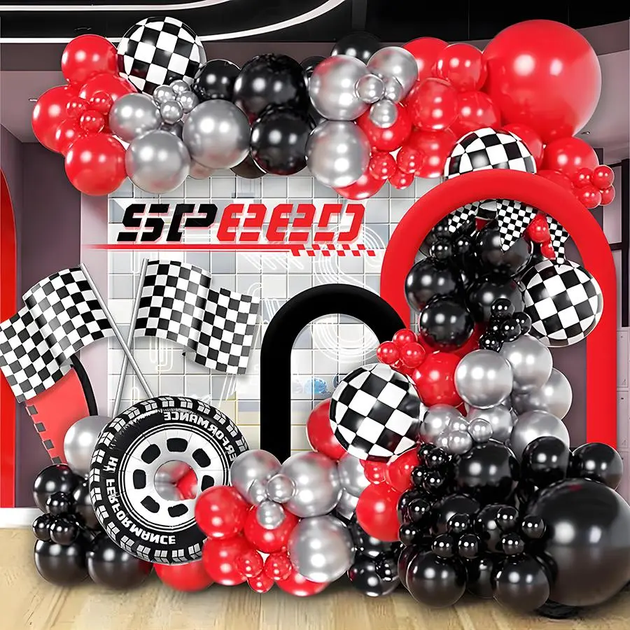 Race Car Theme Balloon Arch Kit, Balloon Party Supplies, Party Balloons Decorations, Silver Color Balloons, Checkered Foil Balloons, Tire Design, Perfect for Boy's Birthday Parties, Balloon Arch Decoration