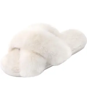 Parlovable Women's Cross Band Slippers Fuzzy Soft House Slippers Plush Furry Warm Cozy Open Toe Fluffy Home Shoes Comfy Indoor Outdoor Slip On Breathable 7-8 Off-white women's  slippers