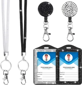 6 in 2 Sets 2 Color Rhinestone Lanyard for ID Badges, Bling ID Card Holder  Retractable Badge Reel  Lanyard for Student  Women Nurse Teacher