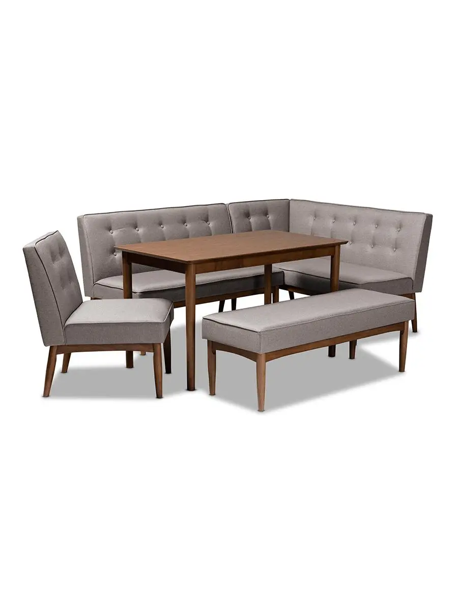 Baxton Studio BBT8051-Grey-Walnut-5PC Dining Nook Set Arvid Mid-Century Modern Gray Fabric Upholstered Wood Dining Nook Set - 5 Piece