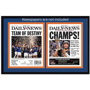 New York Daily News Frame, Holds Two Papers Side by Side, Black Wood, Blue & Orange Mat