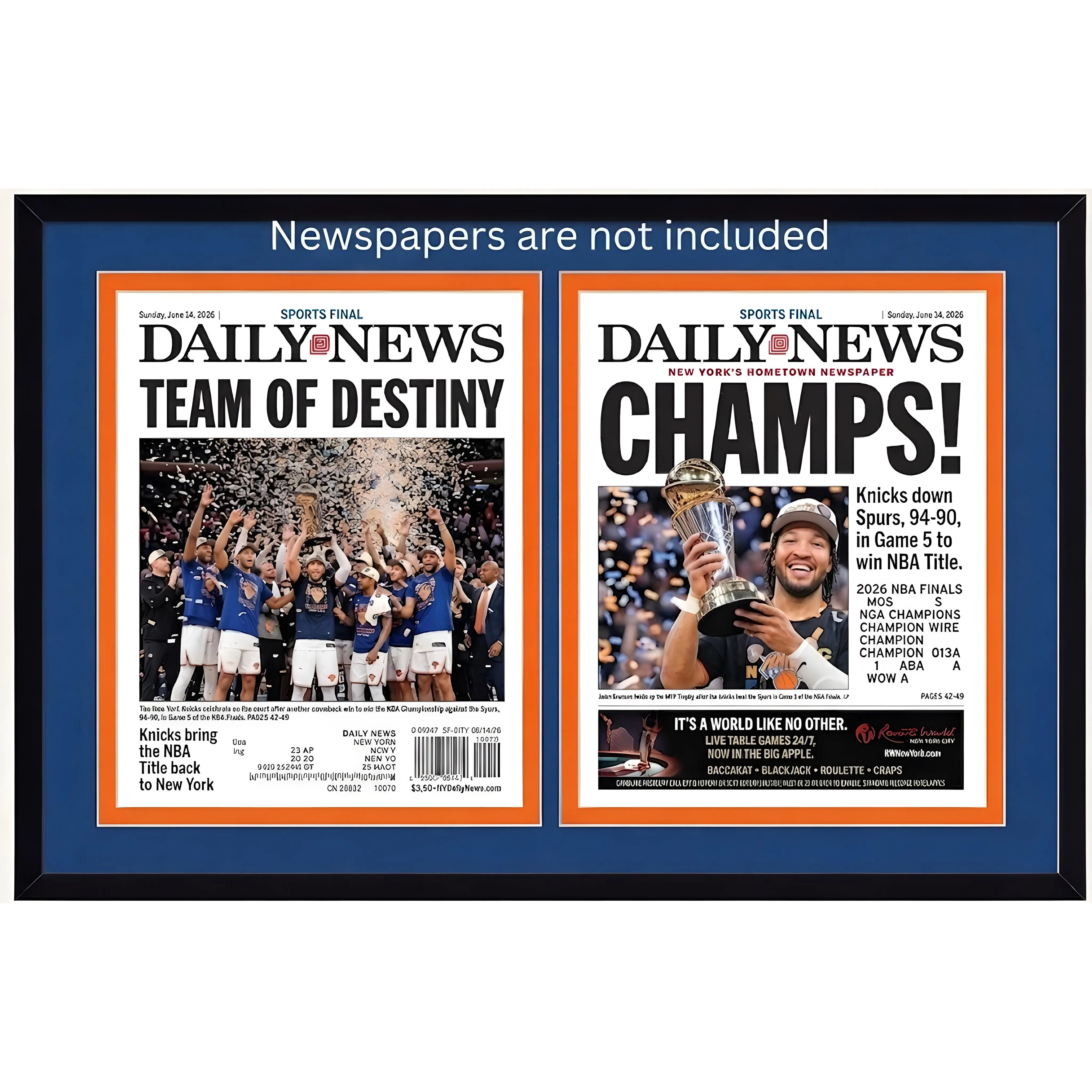 New York Daily News Frame, Holds Two Papers Side by Side, Black Wood, Blue & Orange Mat