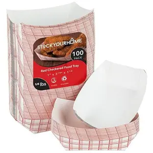 Mini Tiny Paper Food Boats (100 Pack) .25 Lb Disposable Red & White Checkered Paper Food Trays, Eco Friendly Paper Food Trays, Serving Boats for Concession Food & Condiments, Condiment Size 3