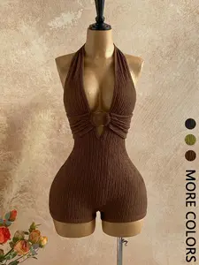 Women's Charming Halter Neck Textured One-Piece Shorts, Hollow Out Ring Decoration, Slim Fit Summer Dress, Stylish and Comfortable, Womenswear