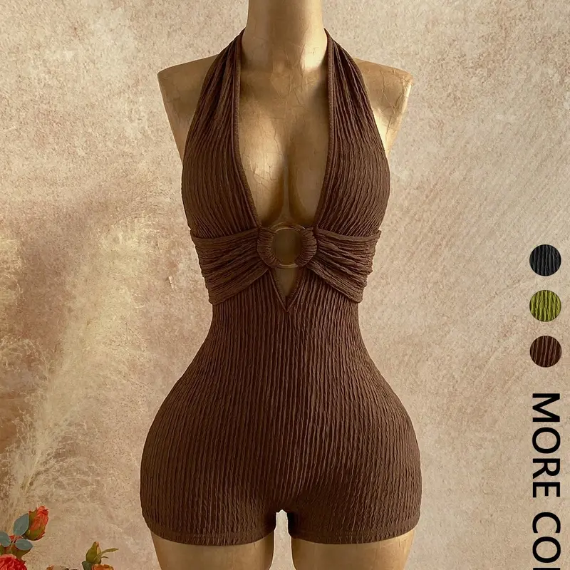 Women's Charming Halter Neck Textured Romper, O-Ring Decor, Slim-Fit Summer Wear, Stylish and Comfortable Romper, Jumpsuit Romper, Womenswear