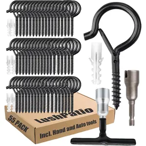 String Lights Screw Hooks for , Ceiling Hooks for  Solar,Outdoor String Lights,  Hangers Outdoor with Safety Buckle Design for Backyard Porch Patio - 55 Pack, Black