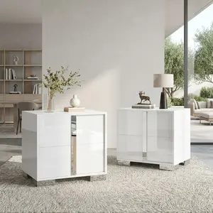 Modern High Gloss UV Finish 2 Drawer Nightstand Electroplated Handle Stable Wooden Bedside Storage Table for Bedroom Home Use