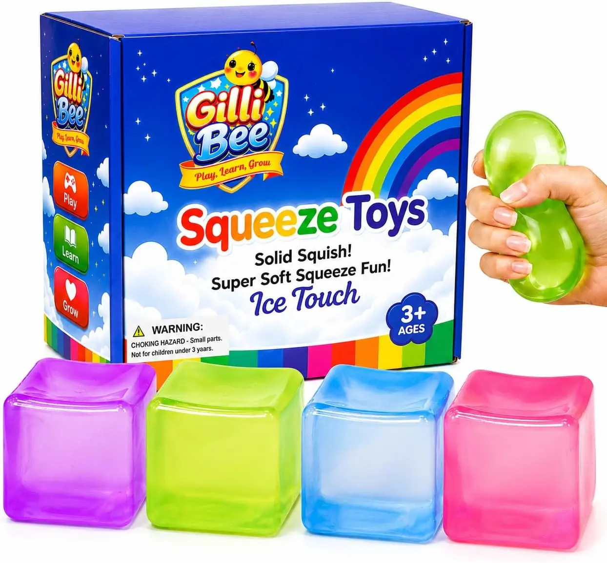 4-Pack Clear Squeeze Cubes 1.97in - Ice Touch Sensory Toy | 4-pack clear squeeze cubes 1.97in, ice touch sensation, stress relief fidget set for kids and adults, non-toxic TPR