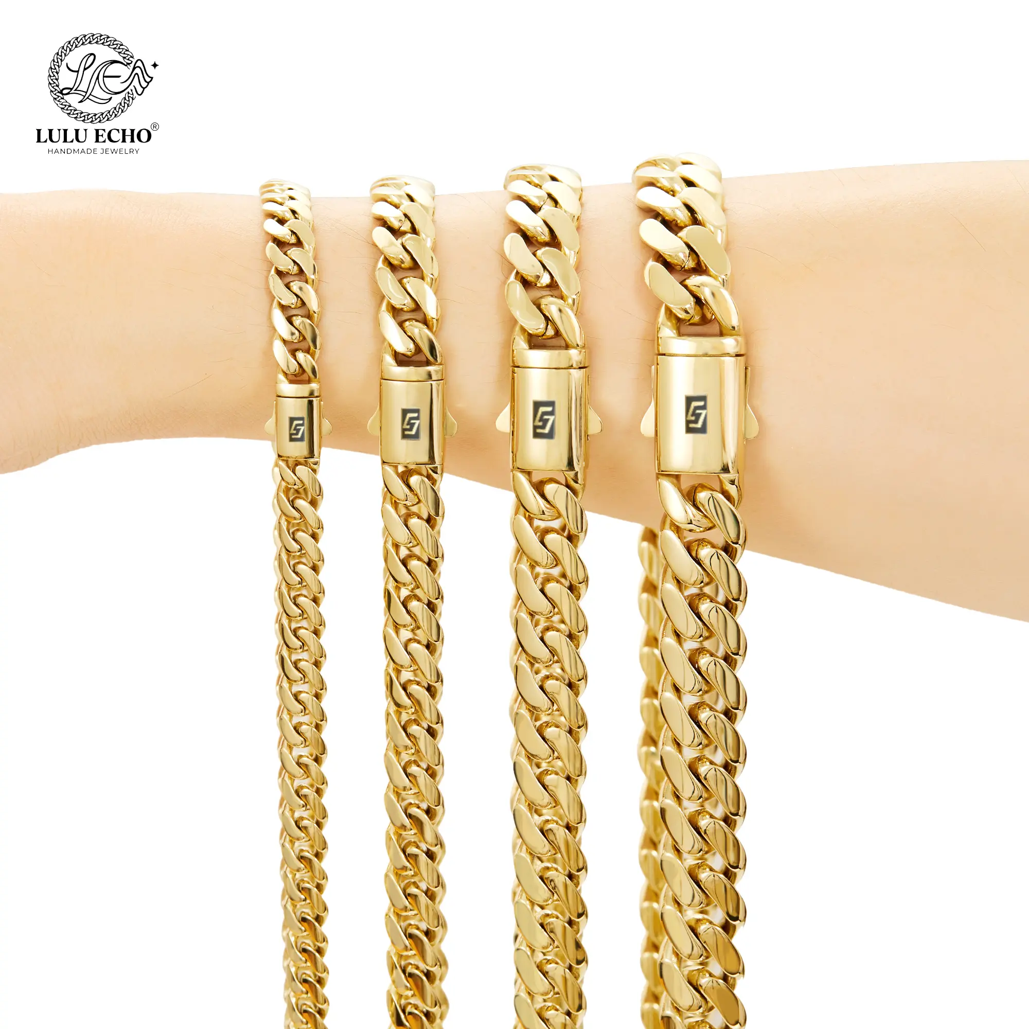 LuLuEcho 14K Gold Plated Miami Cuban Link Chain | Waterproof Non-Tarnish Secure Box Clasp Necklace | 6mm-14mm Unisex Everyday Jewelry