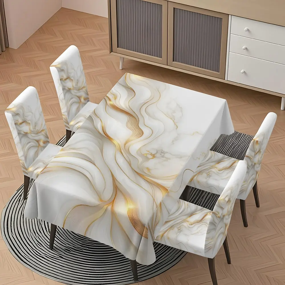 5/7-piece 2D Flat Printing White and Gold Curved Texture Printing Pattern Tablecloth and Universal Chair Cover Set, Tablecloth Chair Covers, for dining table and chair decoration, perfect for home, holiday gatherings, restaurants, and parties.