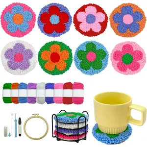 Punch  Kit for Beginners Adults Easy  Punch Embroidery Set Including Threader Instruction Fabric Hoop Yarn Coaster DIY Making Kit Supplies,Set of 8 Flower Art Crafts Gifts