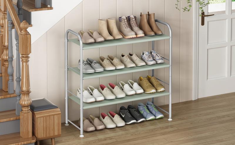 3-Tier Shoe Rack for Closet & Entryway Sturdy Metal Organizer with Adjustable Feet Black/Bronze Finish Holds Up to 12 Pairs Space-Saving Storage Shelf 43W x 31D x 5.5H Durable Design Multifunctional Heightened Bottom