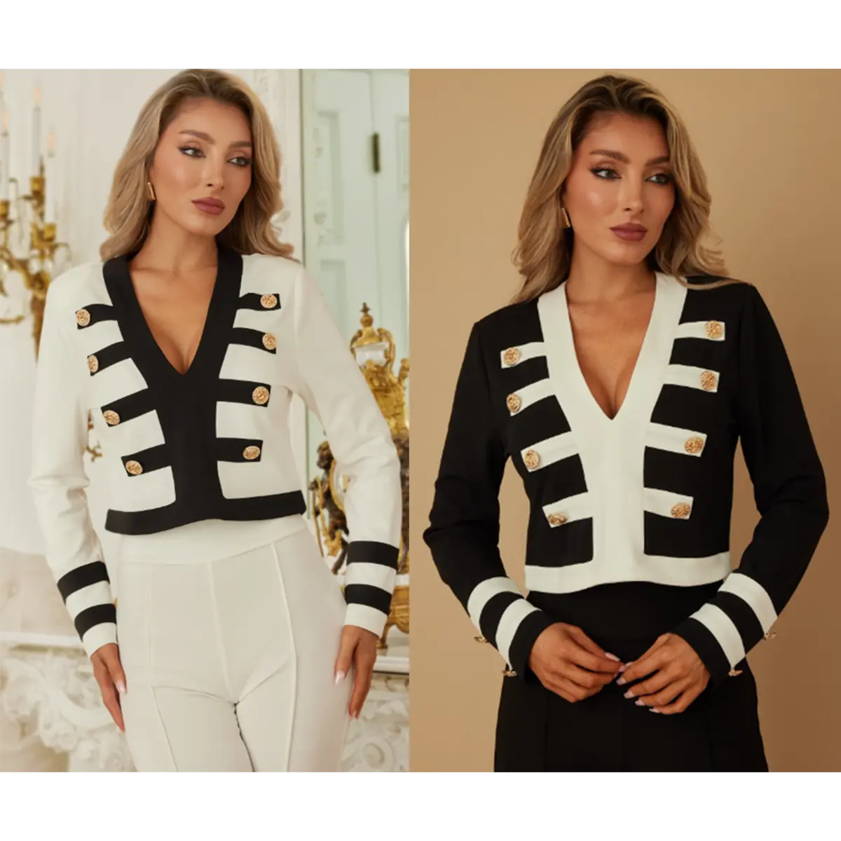 SAILOR STRIPE JACKET - WHITE BLACK PATTERN WITH GOLD BUTTON DETAIL - LONG SLEEVE WITH STRIPES ON CUFFS - DEEP V NECK - ZIPPER ON THE BACK