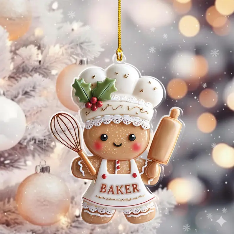 Gingerbread Chef Acrylic Ornament, Baker Christmas Ornament, Personalized Kitchen Decor Gift for Baking Lovers