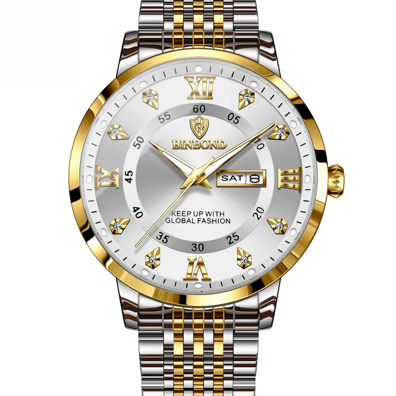 Men's Binbond Waterproof Luminous Watch, Quartz Wristwatch, Dual Date and Week Display, Trendy Fashion Timepiece, Analog Wristwatches