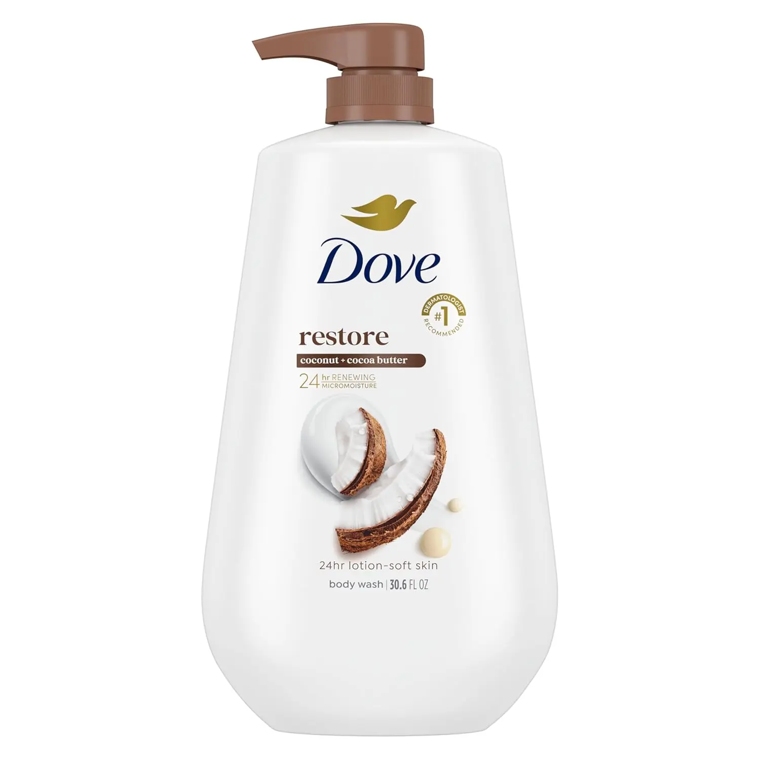 Body Wash Restore Coconut & Cocoa Butter 30.6 oz Pump, Sulfate Free | Dove Coconut & Cocoa Butter Body Wash nourishes dry skin with creamy coconut scent and MicroMoisture technology.