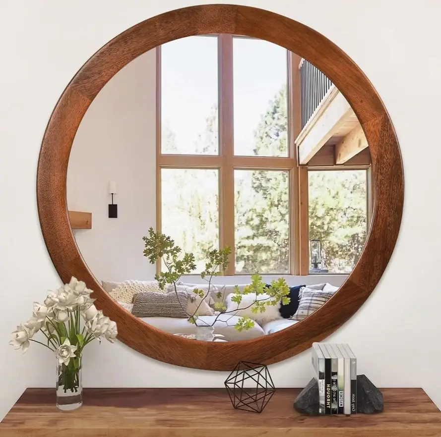 Rustic Walnut Round Mirror 30”