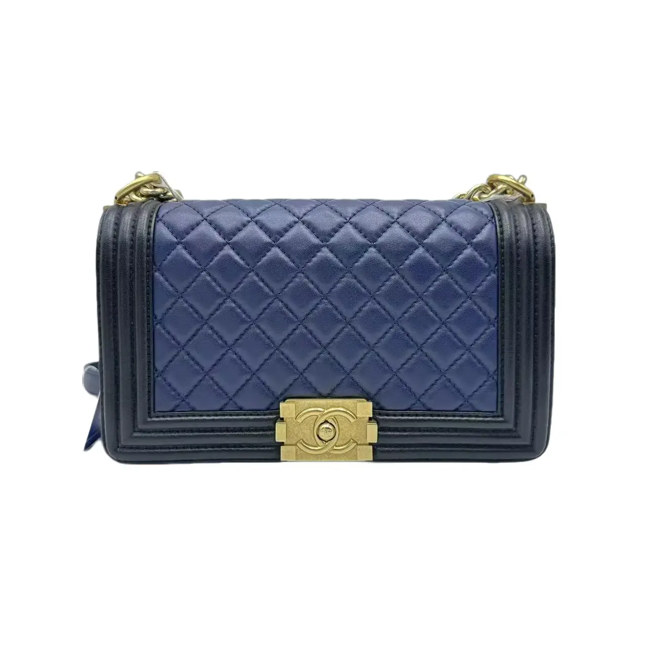 Pre-owned CHANEL hz8 Medium Le Boy Crossbody Bag in Black, Blue, and Gold Calfskin 70796