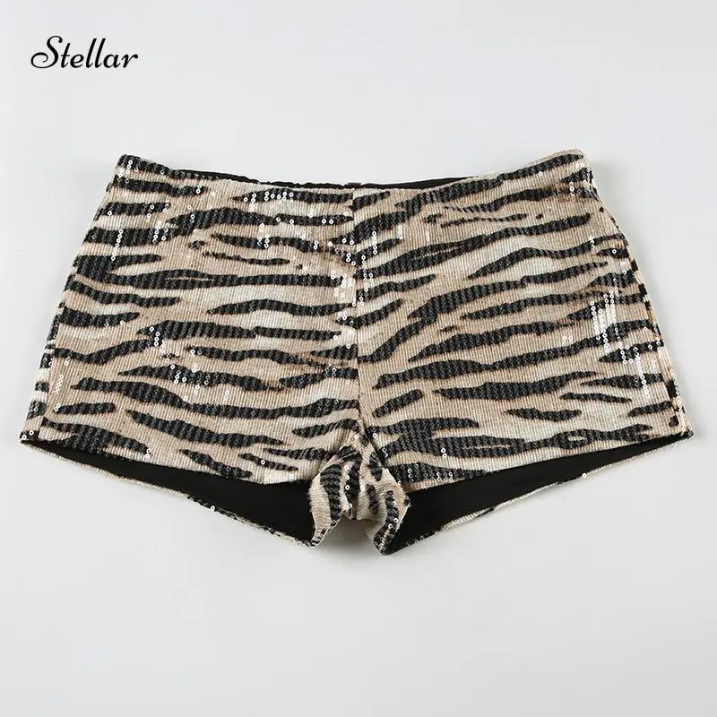 Women's Sequin Shorts, Casual Khaki Zebra Print Low Waist Hot Pants for Party Club Streetwear
