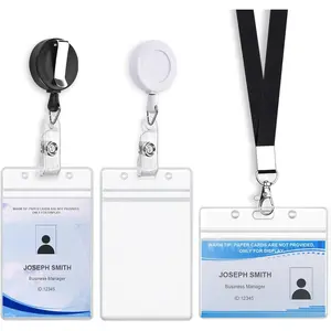 3 Pack Id Card Name Badge Holders Retractable Clip,  Badge Reel with 24 inches Pull Cord, Vertical & Horizontal Clear Id Card Protector with Black Lanyard, No Paper Card, Combine Freely