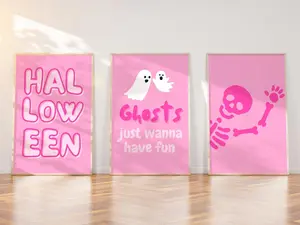 Pink Halloween Decor Set of 3  Pinkoween Wall Art | Girly Halloween Prints | Cute Ghost Poster | Spooky Season Decor
