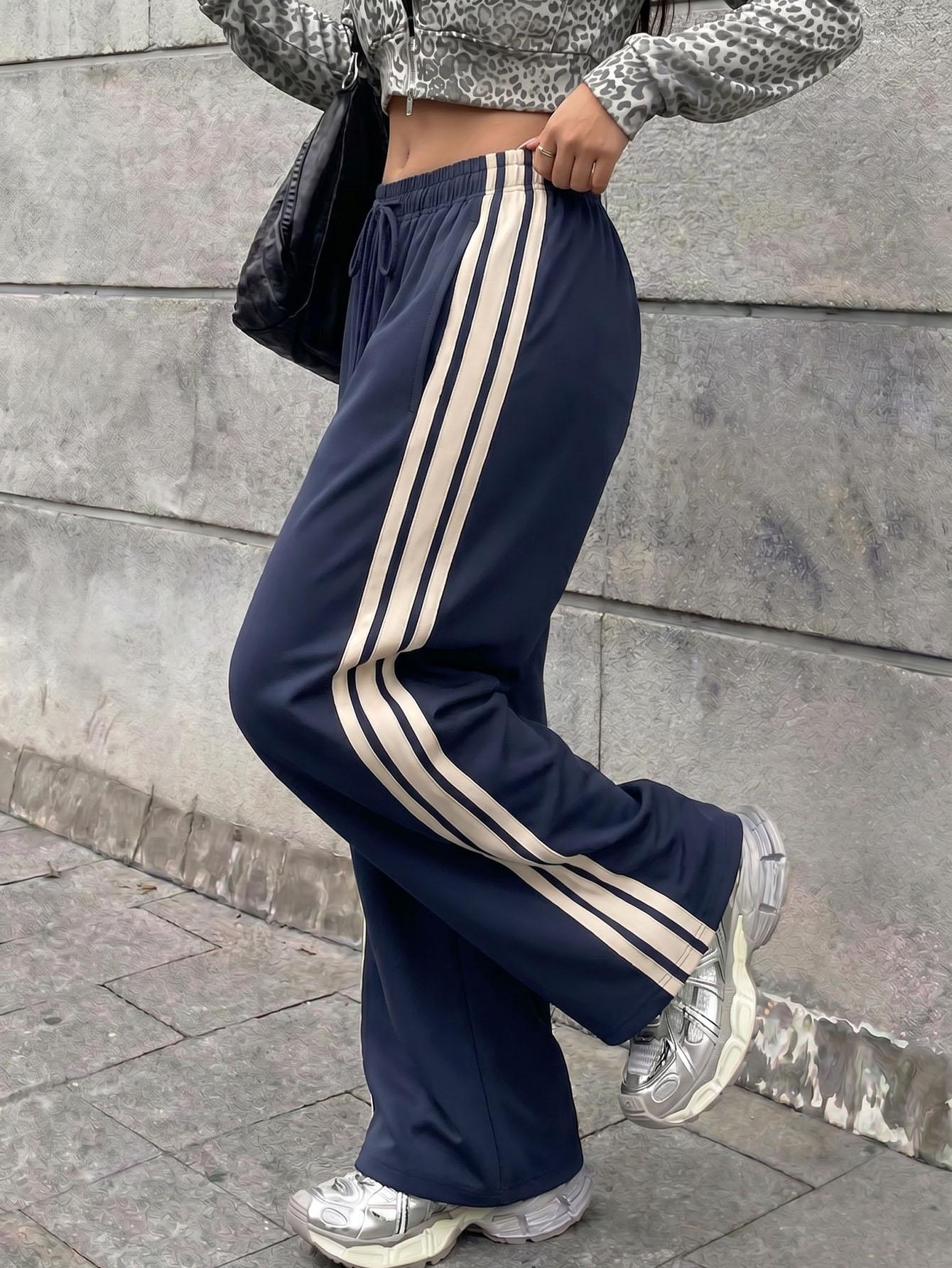 Women's Vintage Navy Blue Striped Woven Fabric Bottoms - Comfy Mid-Waist Elastic-Waist Straight Leg Pants for Spring/Autumn, Casual Retro Sports Pants with Fast Shipping