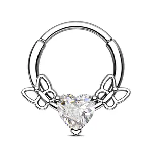 Oufer 16G Butterflies Filigree Heart CZ Septum Ring - Elegant & Versatile Design for Everyday Wear