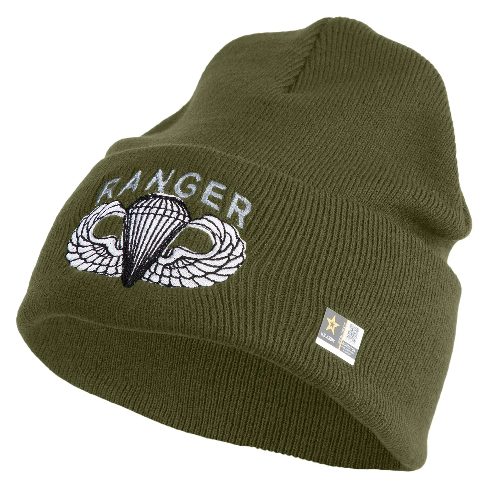 U.S. Army Paratrooper and Ranger Badge Logo Embroidered 12 Inch Solid Knit Cuff Long Beanie Made in USA