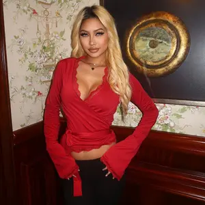 Women Blouse Slim Fit Elegant Sexy Long Sleeve V Neck Lace Ruched Mesh Ribbed Button Front Drop Shoulder Slim Fit Loose Fit Crop Top Hollow Out