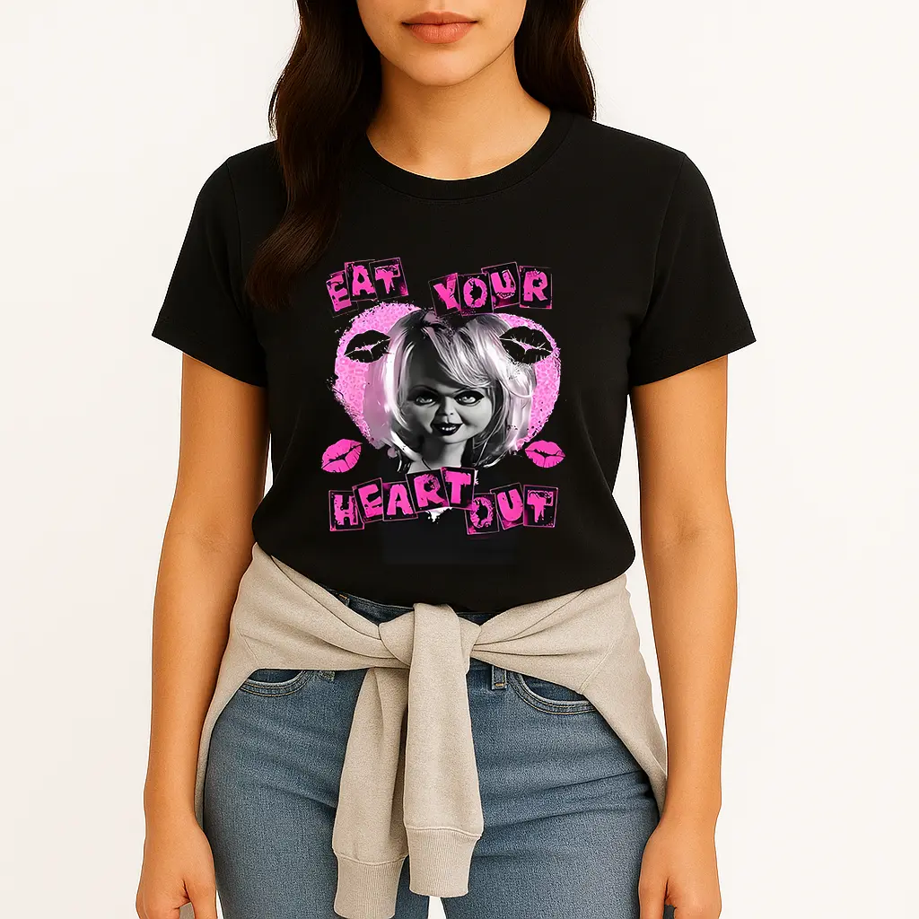 Women's 'Eat Your Heart Out' Graphic T-Shirt, Comfortable Fitted Soft Cotton Crewneck, Breathable US-Made Top for Everyday Streetwear
