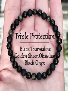 Triple Protection Bracelet, Emerald, Gold Obsidian, Agate, Crystal, Black Onyx Bracelet, Promotes Emotional Stability and Balance