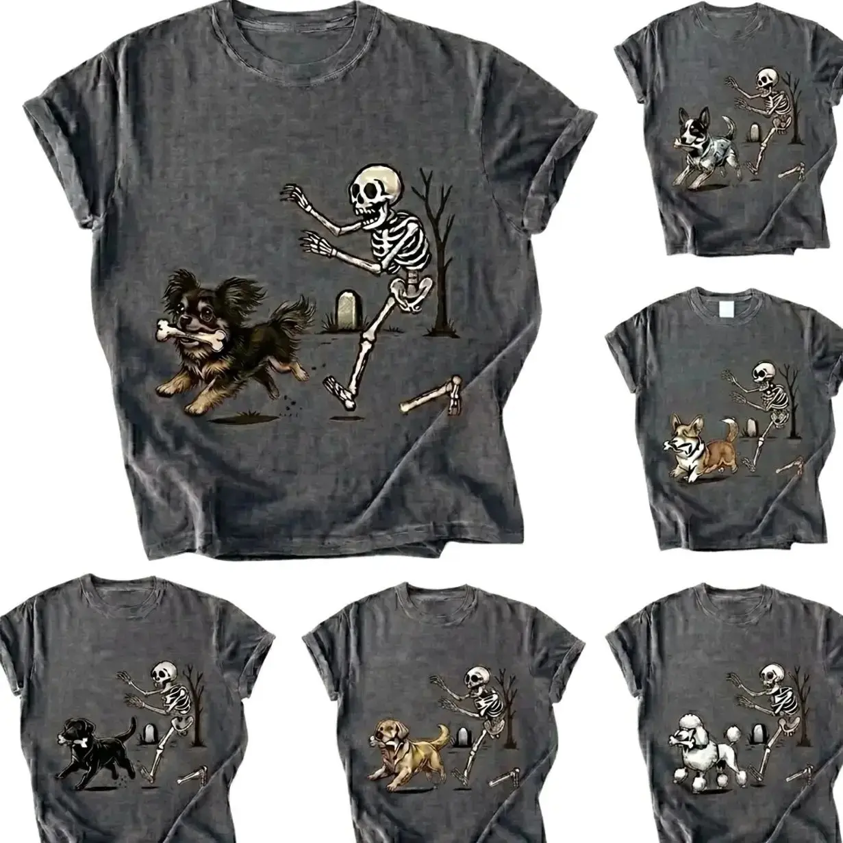 Funny Spooky Season Dog Breed Skeleton Graphic T‑Shirt, Pet Lover Casual Top, Fall Aesthetic Everyday Outfit, Great Gift Idea for Dog Owners, Same‑Day Dispatch Fast Shipping for Men Women
