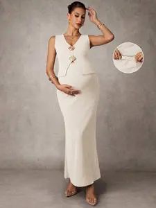 TAMALLA Pregnancy Metal Shell Decor Tank Top And Adjustable Waist Fitted Skirt 2 Pieces Set