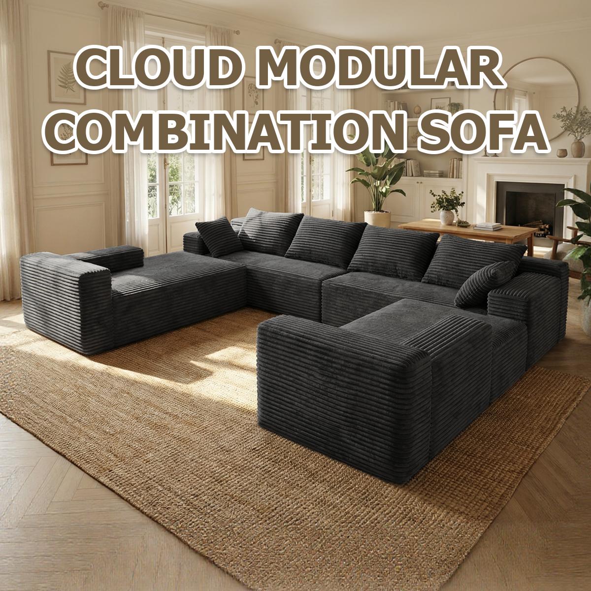 Pre-Assembled U-Shaped Modular Corduroy Sectional Couch - Soft Fabric, Space-Saving Indoor Living Room Furniture, Convertible Sofa Bed with Memory Foam Pillow, Fluffy Black